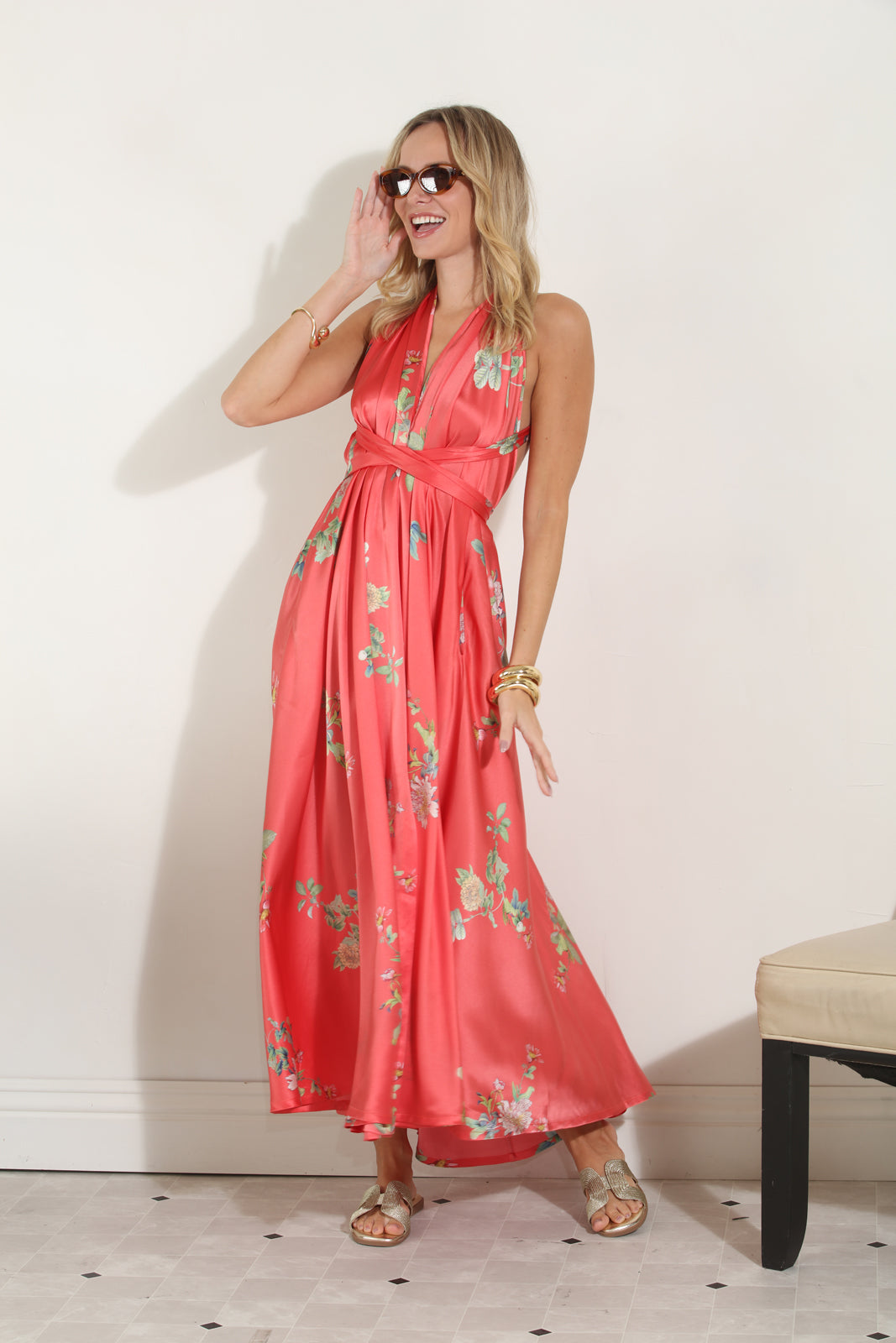 HALTER DRESS WITH BELT- PEONY PRINT | CORAL lifestyle shot