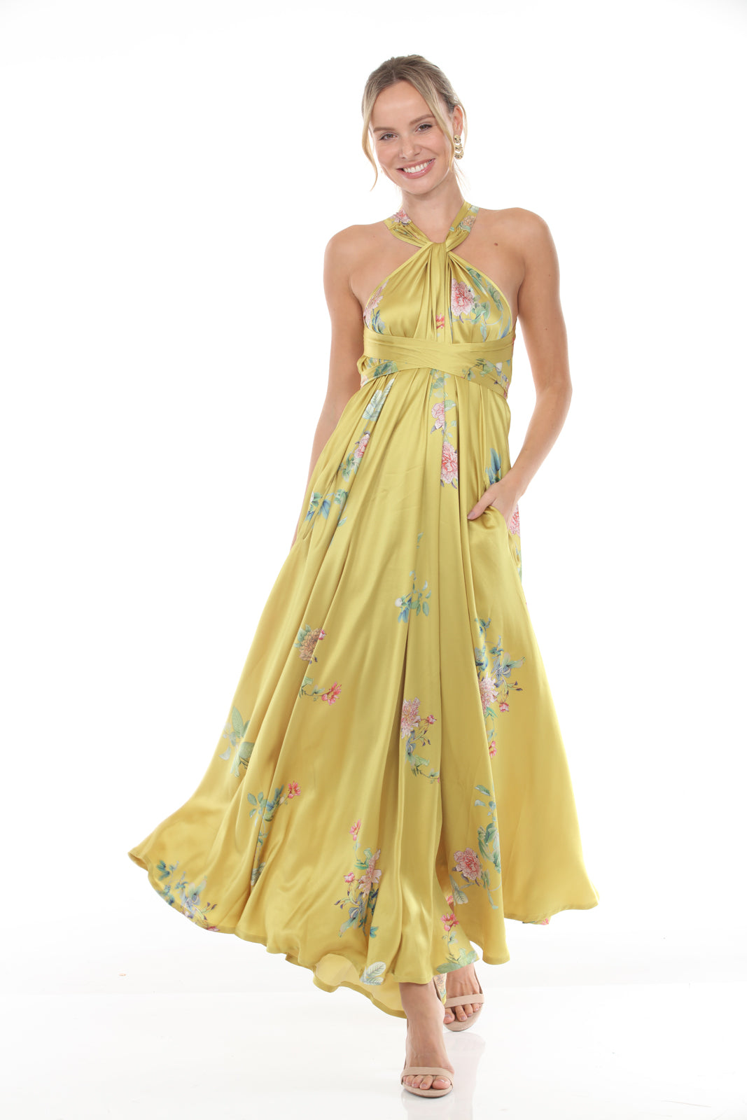 Halter Dress With Belt-peony Print | Mustard - front