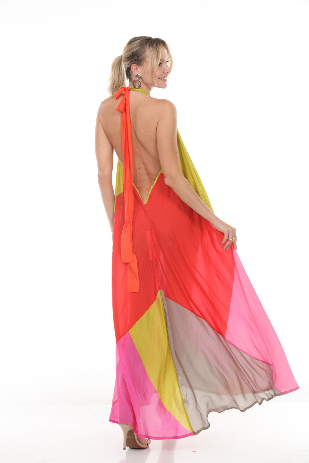 Halter Dress With Belt | Pink/Orange/Red/Yellow - back