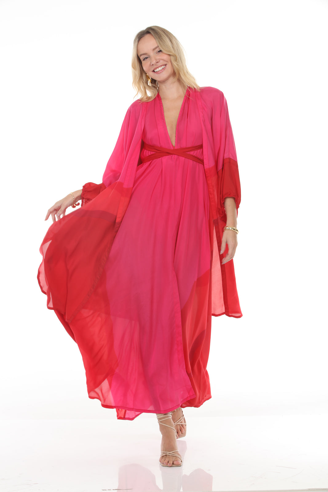 Halter Dress With Belt | Red/Pink - front with kimono swish