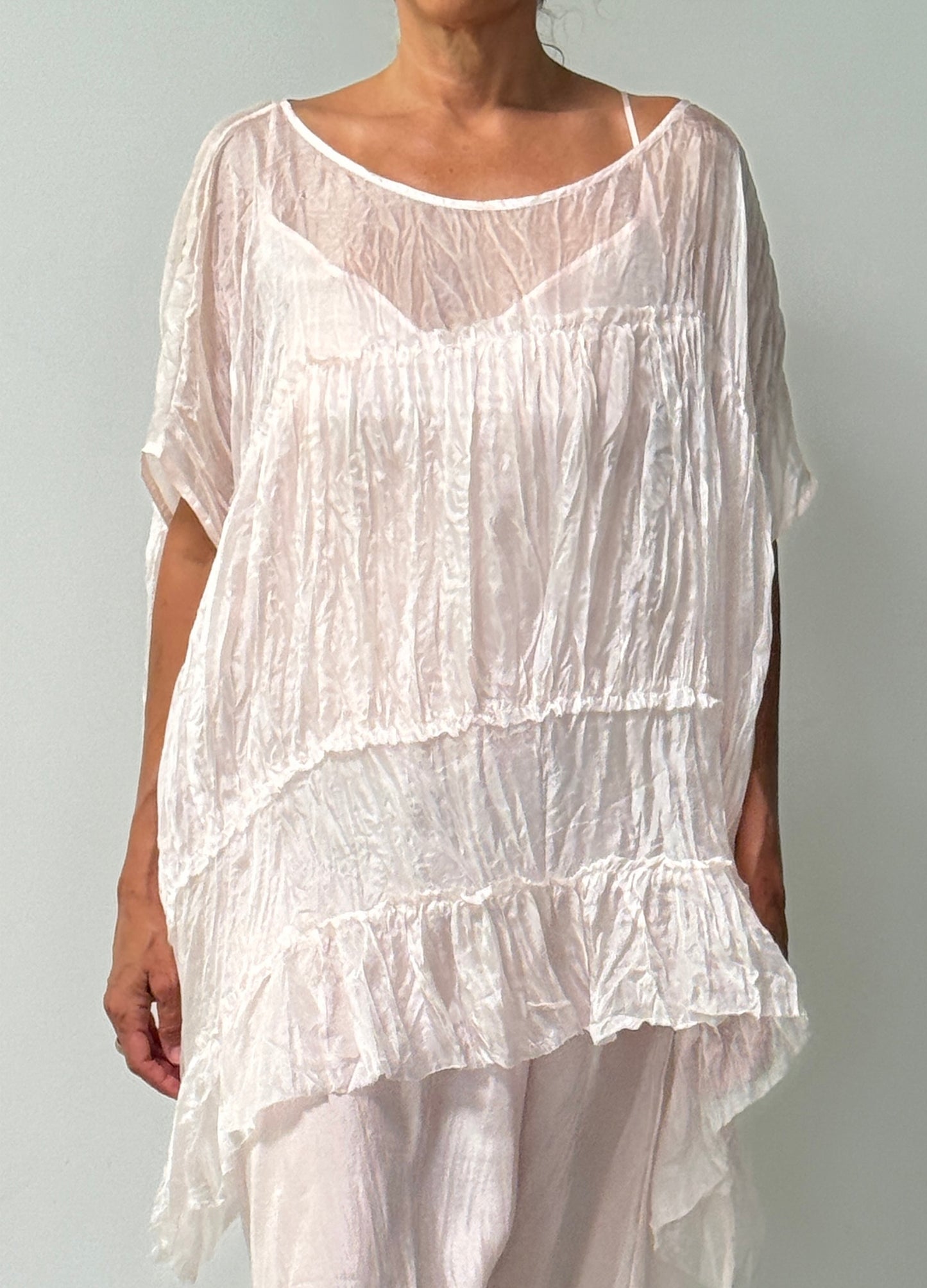 Three Tier Ruffle Shirt-Light Weight Whisper Silk | Blush