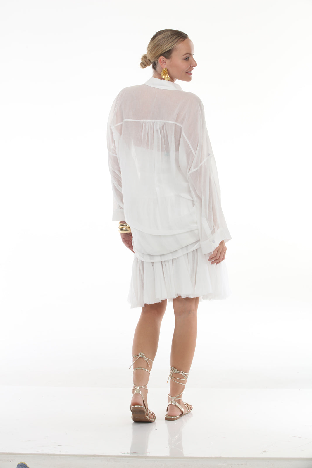 Mini Ruffle Dress | White - back with shirt