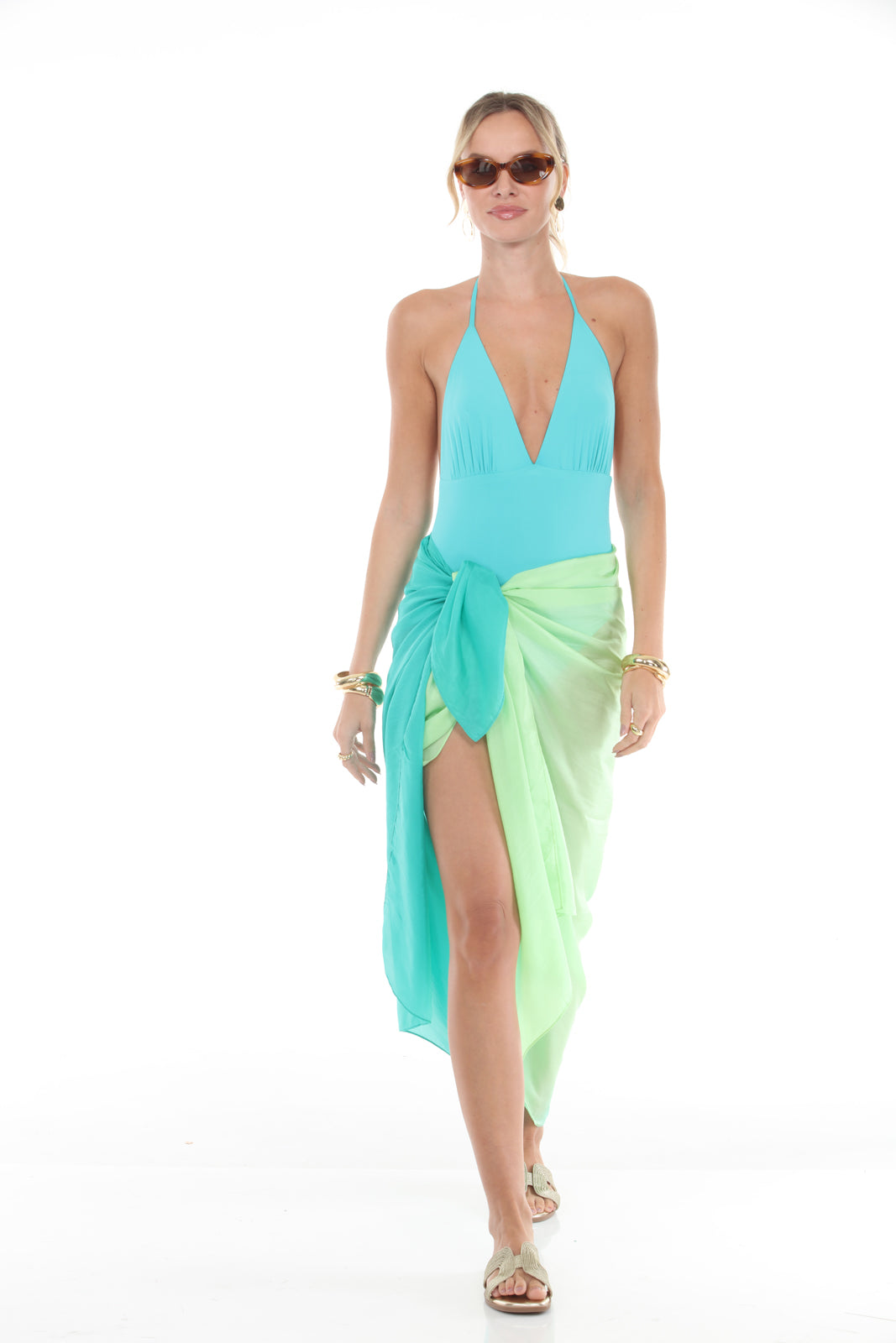 Reversible Halter Bodysuit | Teal/Turq - with pareo