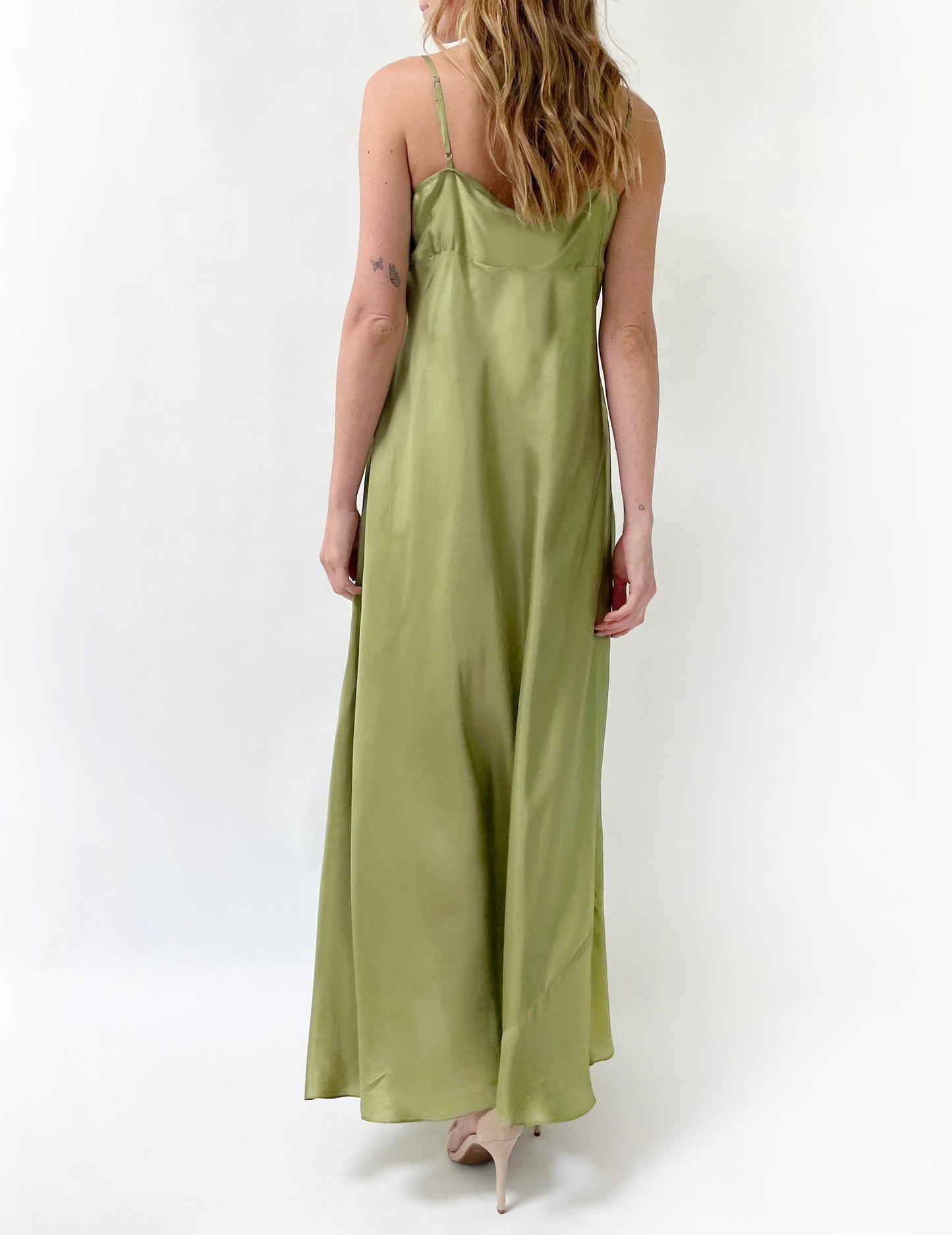 Silk Twill Maxi Dress | Moss Green - Back