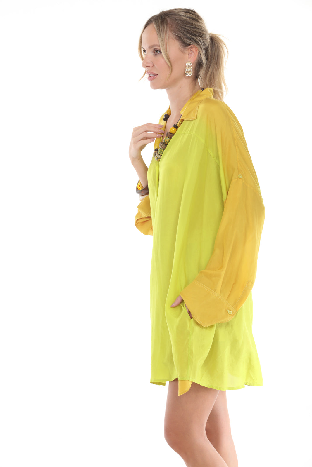 Stephanie Buttoned Top | Printed Yellow/Chartreuse side close alt