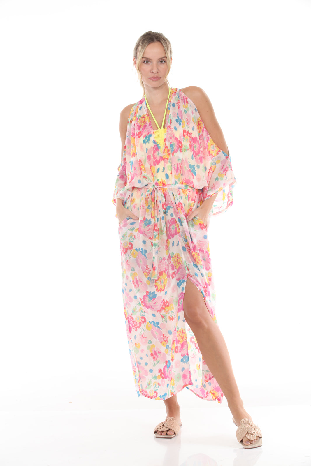 V-Neck Cold Shoulder Caftan | Flower Garden Print | Pink - front alt1