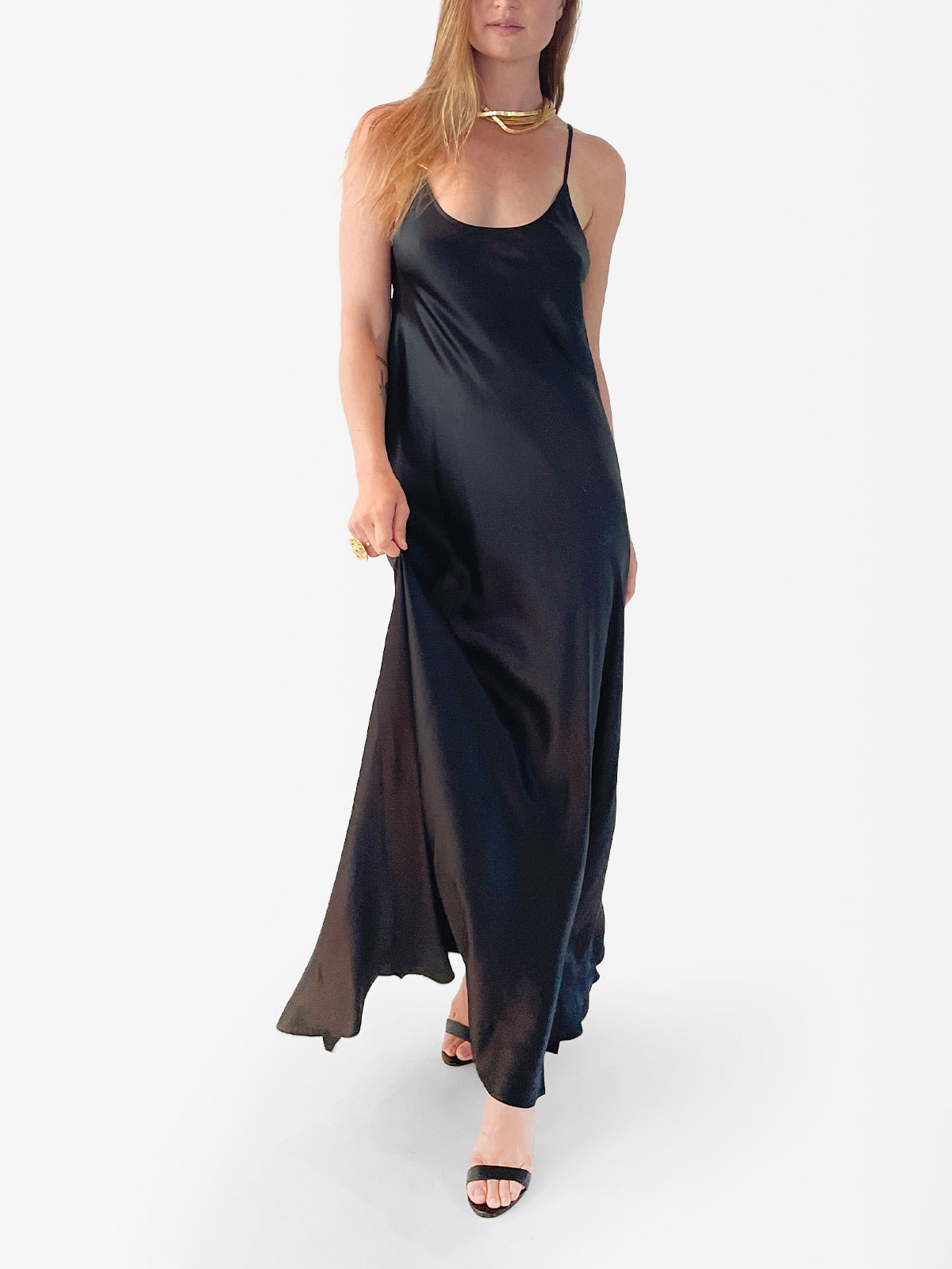 VACANCES Silk Charmeuse Maxi Dress Black front