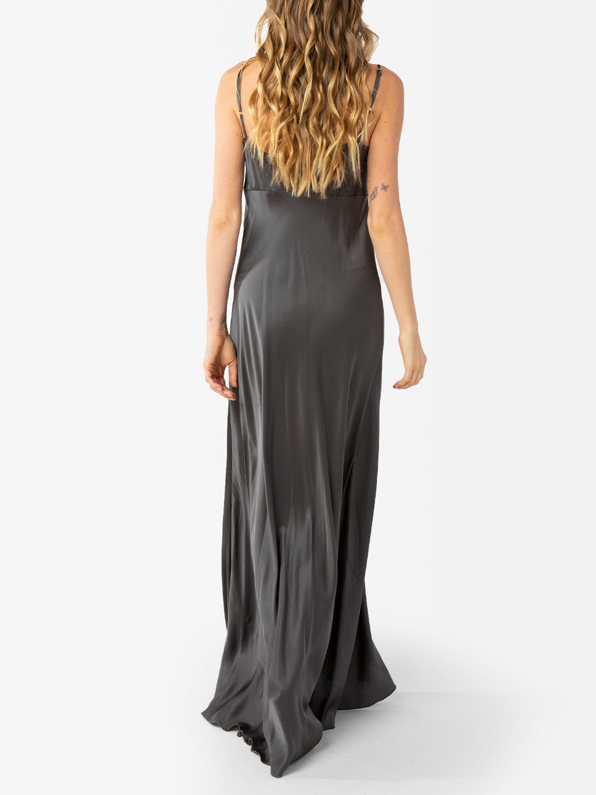 VACANCES Silk Charmeuse Maxi Dress Dark Grey back