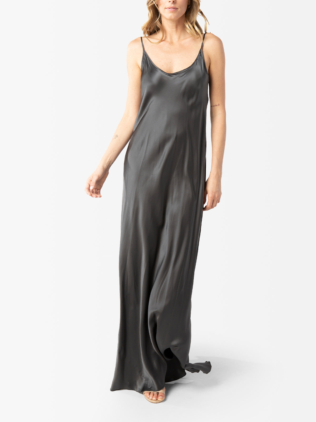 VACANCES Silk Charmeuse Maxi Dress Dark Grey front