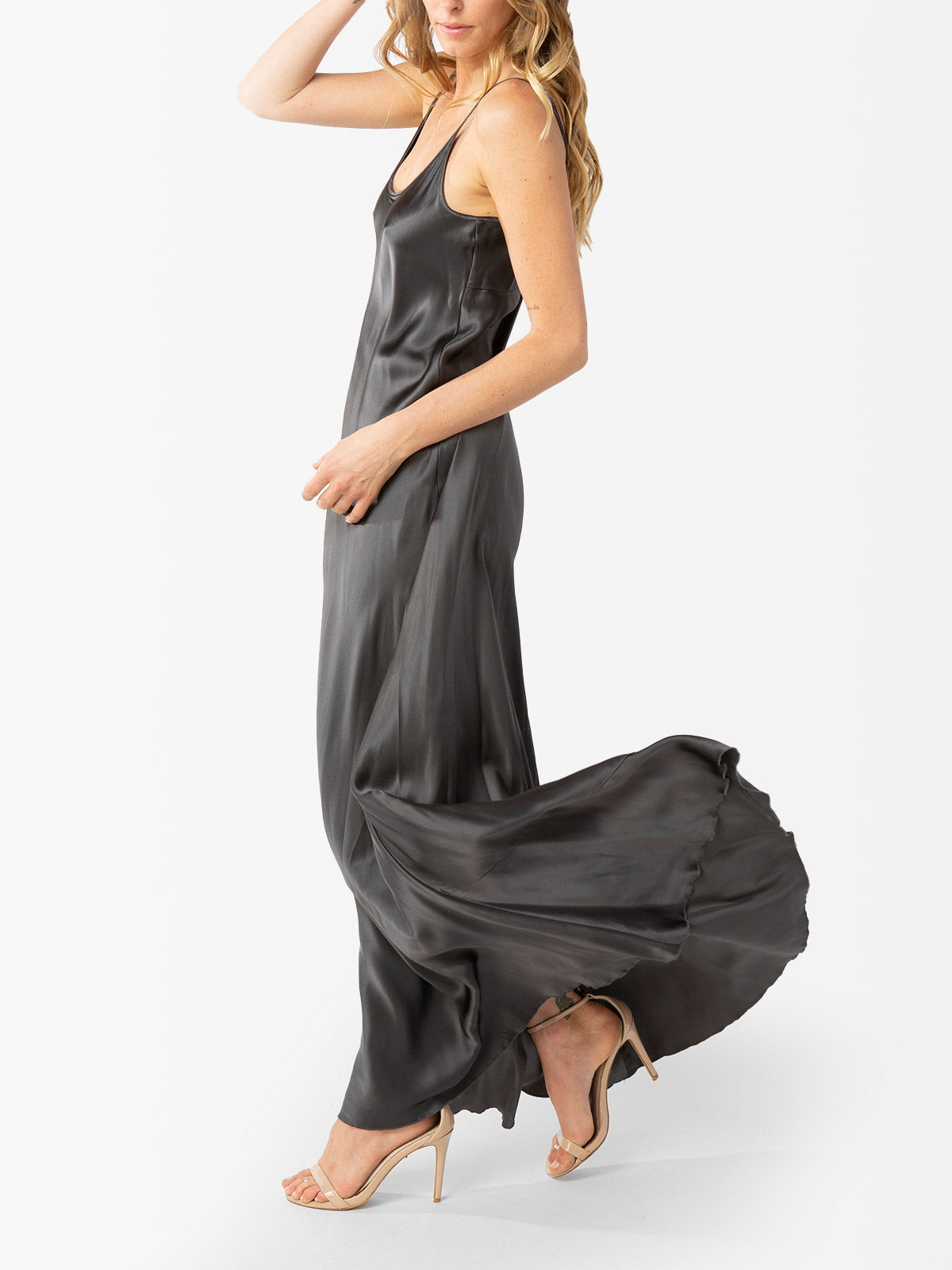 VACANCES Silk Charmeuse Maxi Dress Dark Grey side