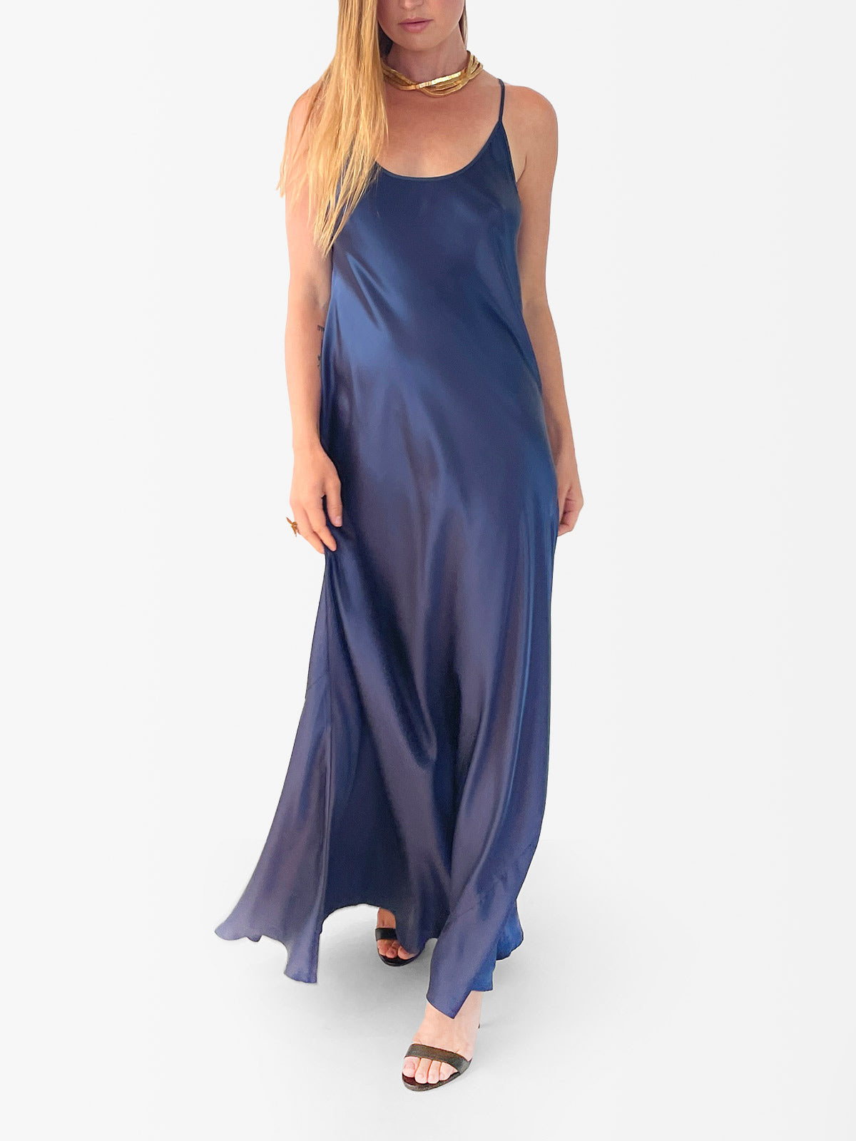 VACANCES Silk Charmeuse Maxi Dress Midnight Blue front