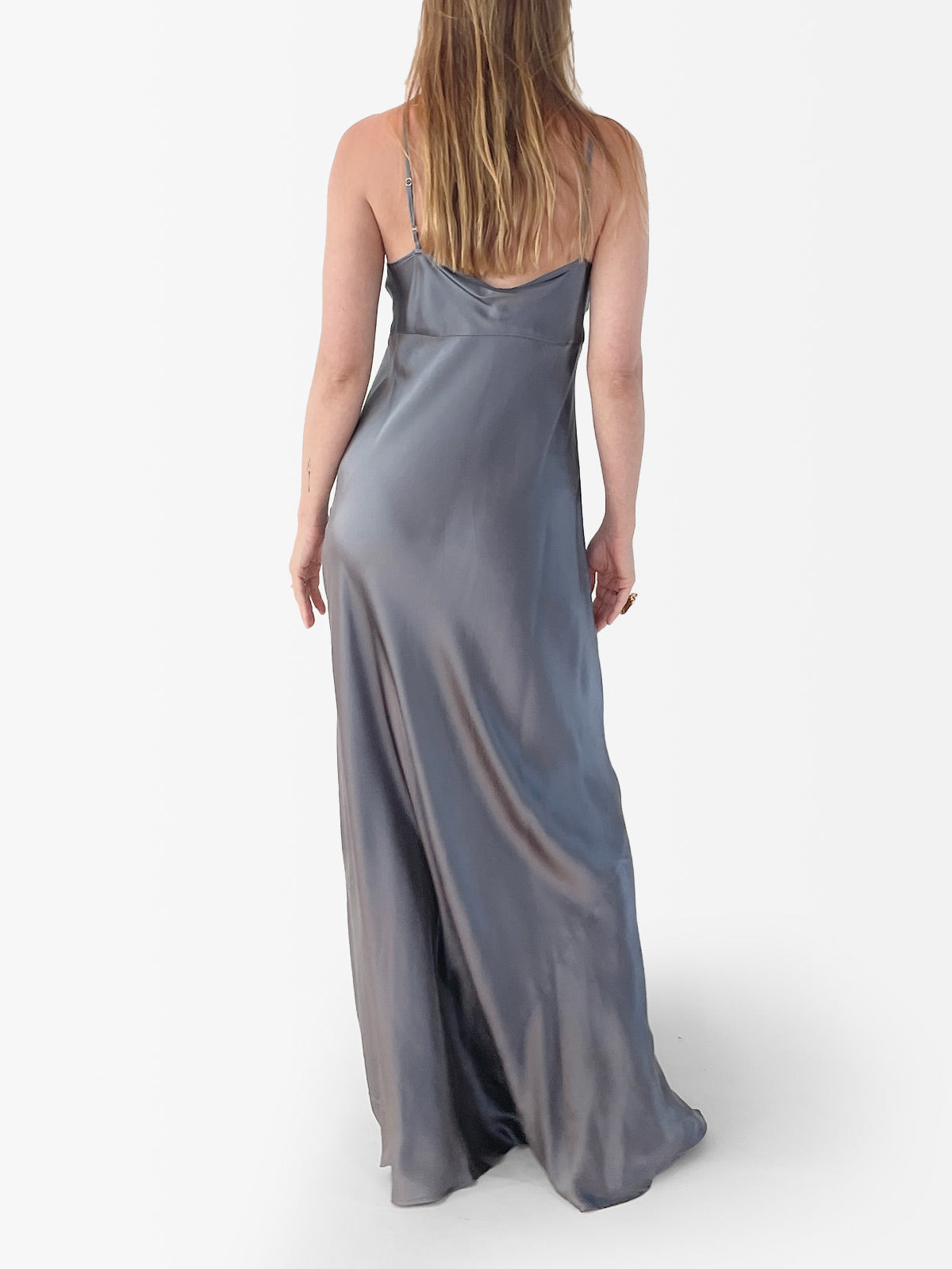 VACANCES Silk Charmeuse Maxi Dress Silver back