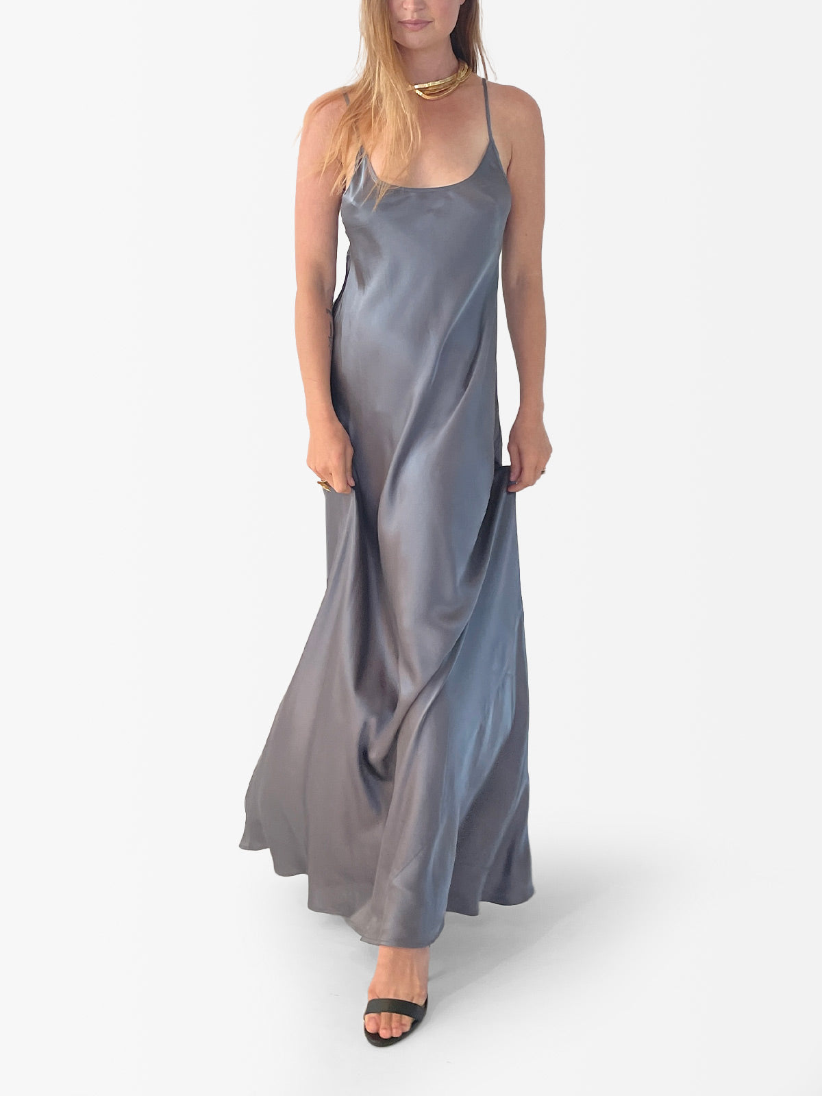 VACANCES Silk Charmeuse Maxi Dress Silver front