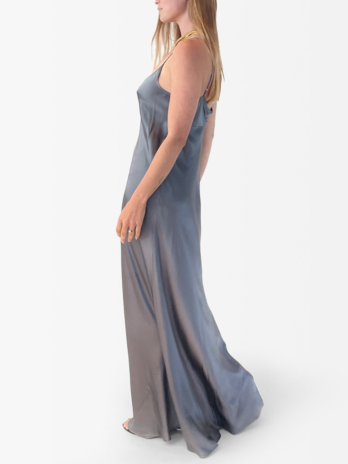 VACANCES Silk Charmeuse Maxi Dress Silver side