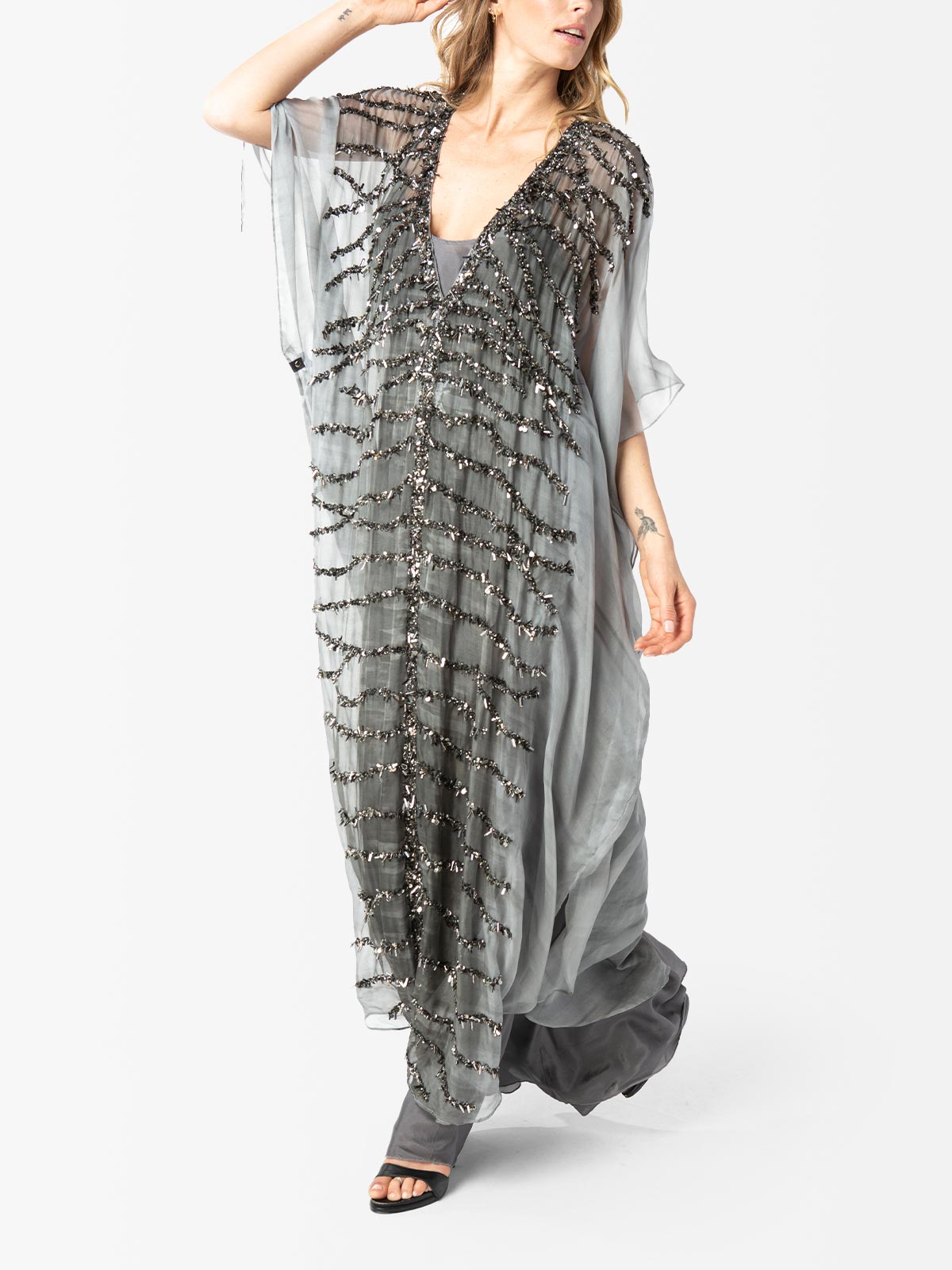 VACANCES Freesia Grey Evening Caftan Dress front