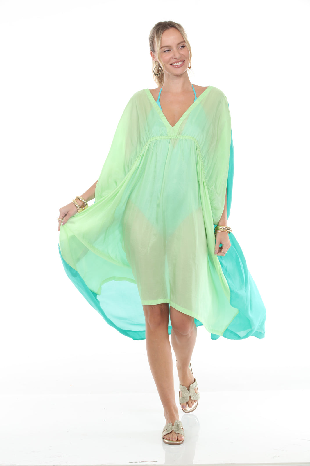 Azita Silk Caftan | Lime Green/Grass Green