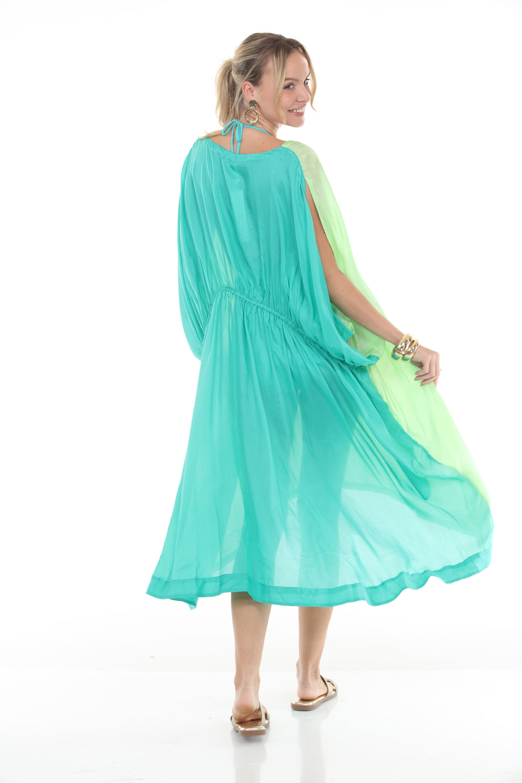 Azita Silk Caftan | Lime Green/Grass Green back
