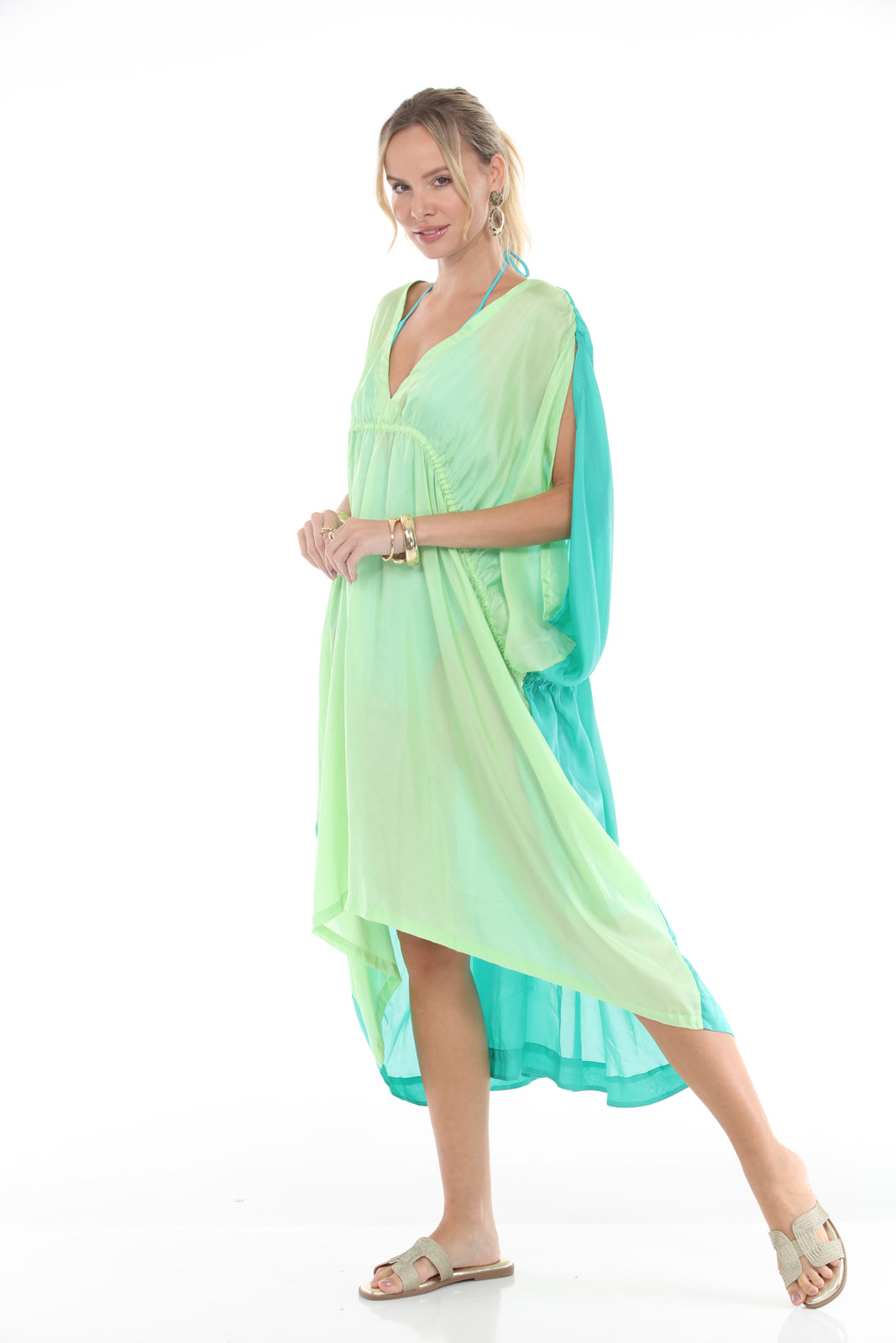Azita Silk Caftan | Lime Green/Grass Green side
