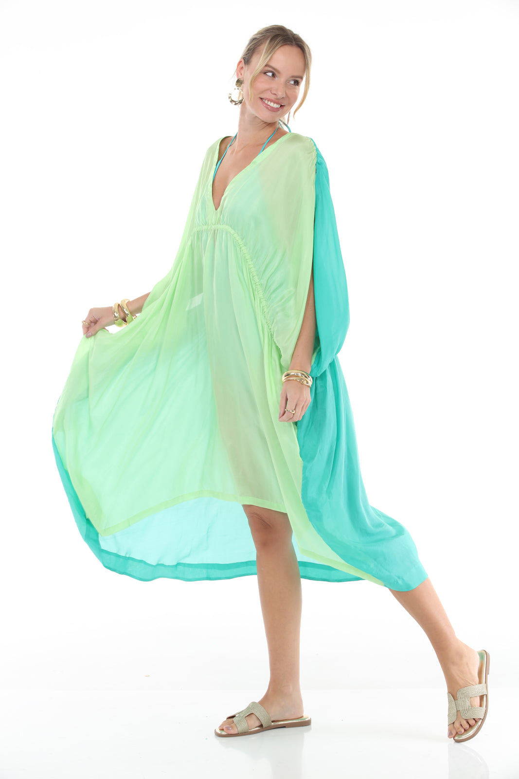 Azita Silk Caftan | Lime Green/Grass Green side alt