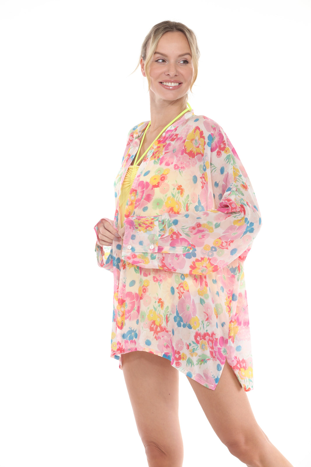 Boxy Buttoned Shirt with Flower Garden Print | Multi - side closeup