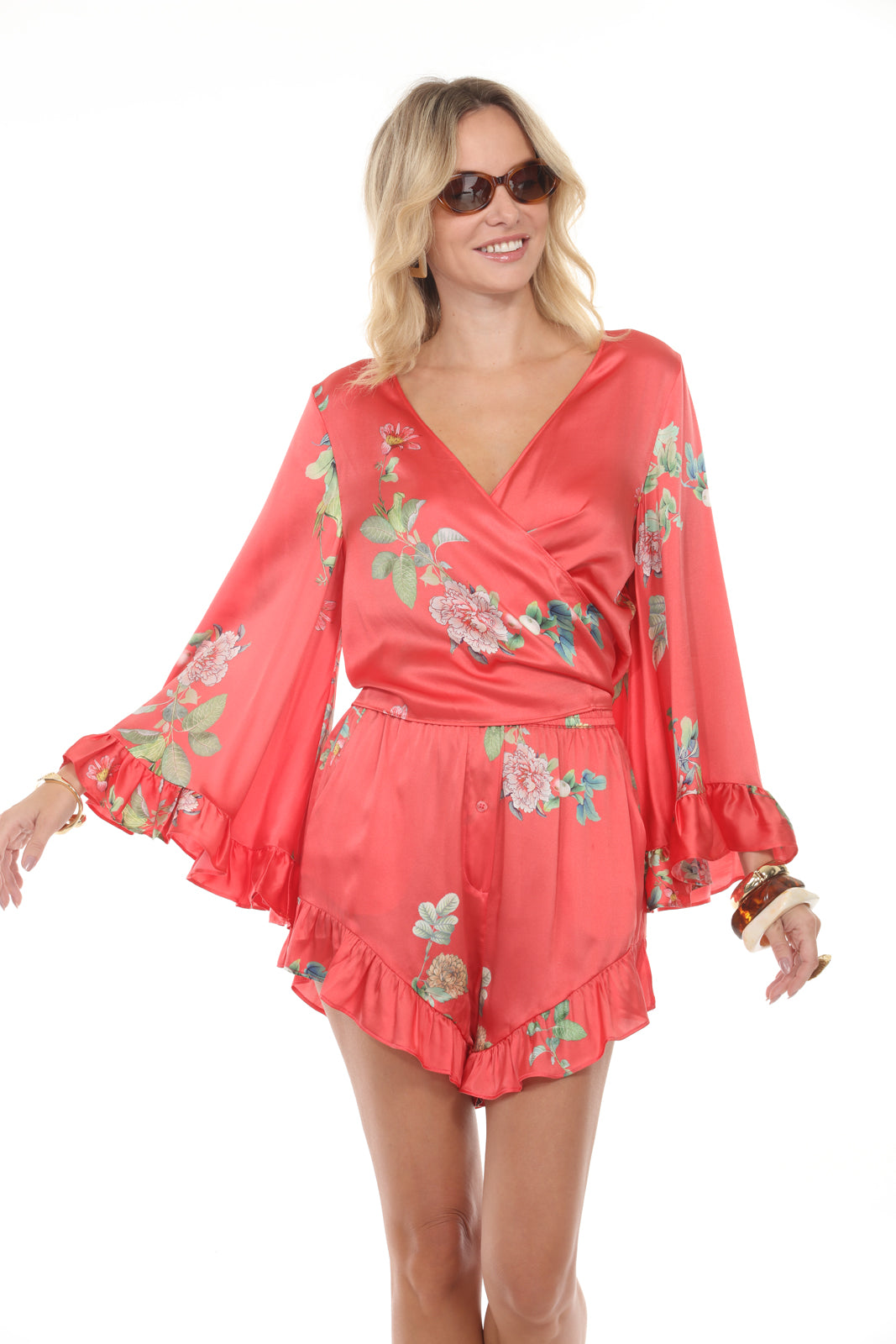 Flutter Sleeve Tie-Front Top | Coral - front closeup alt