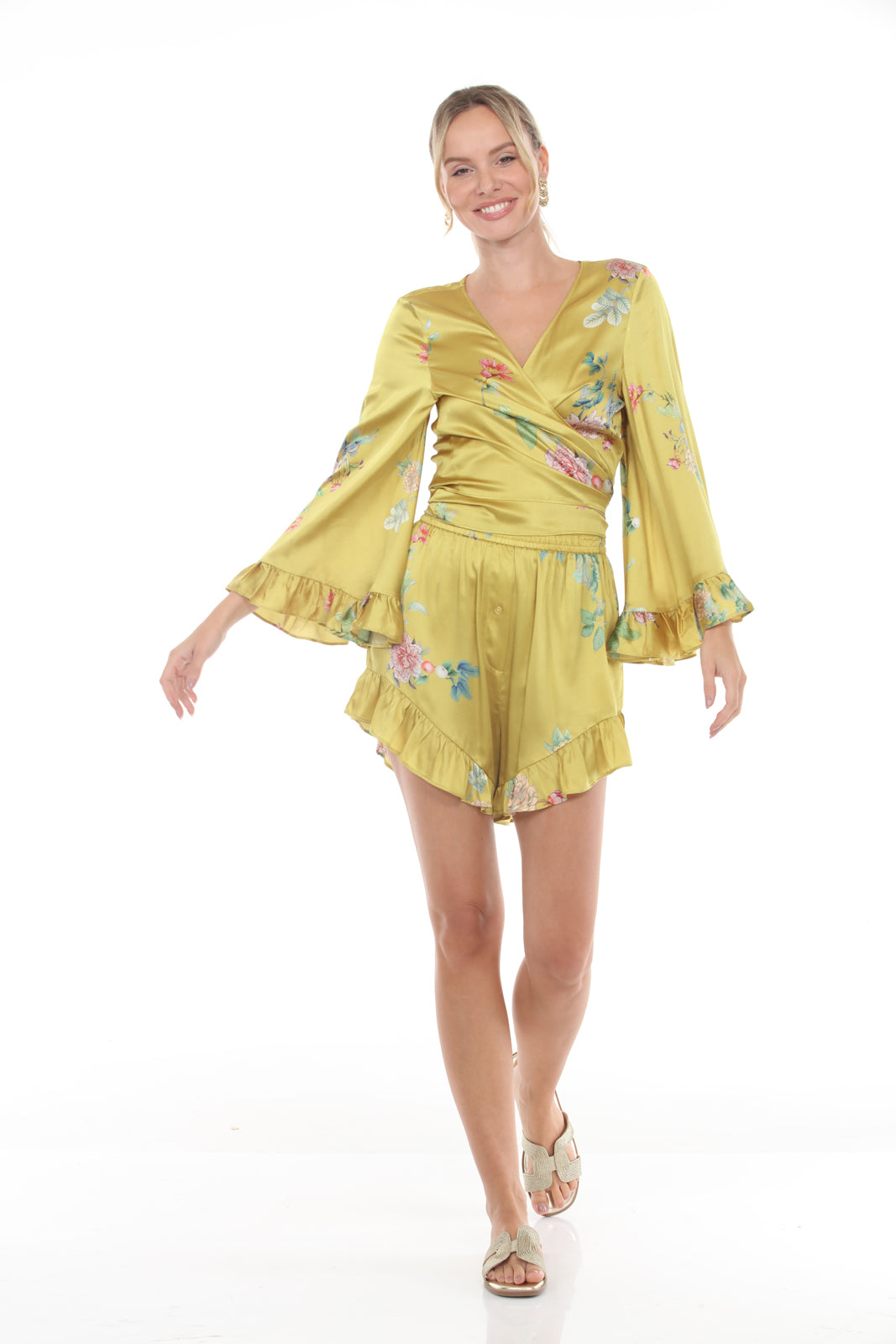 Flutter Sleeve Tie Front Top | Mustard - front