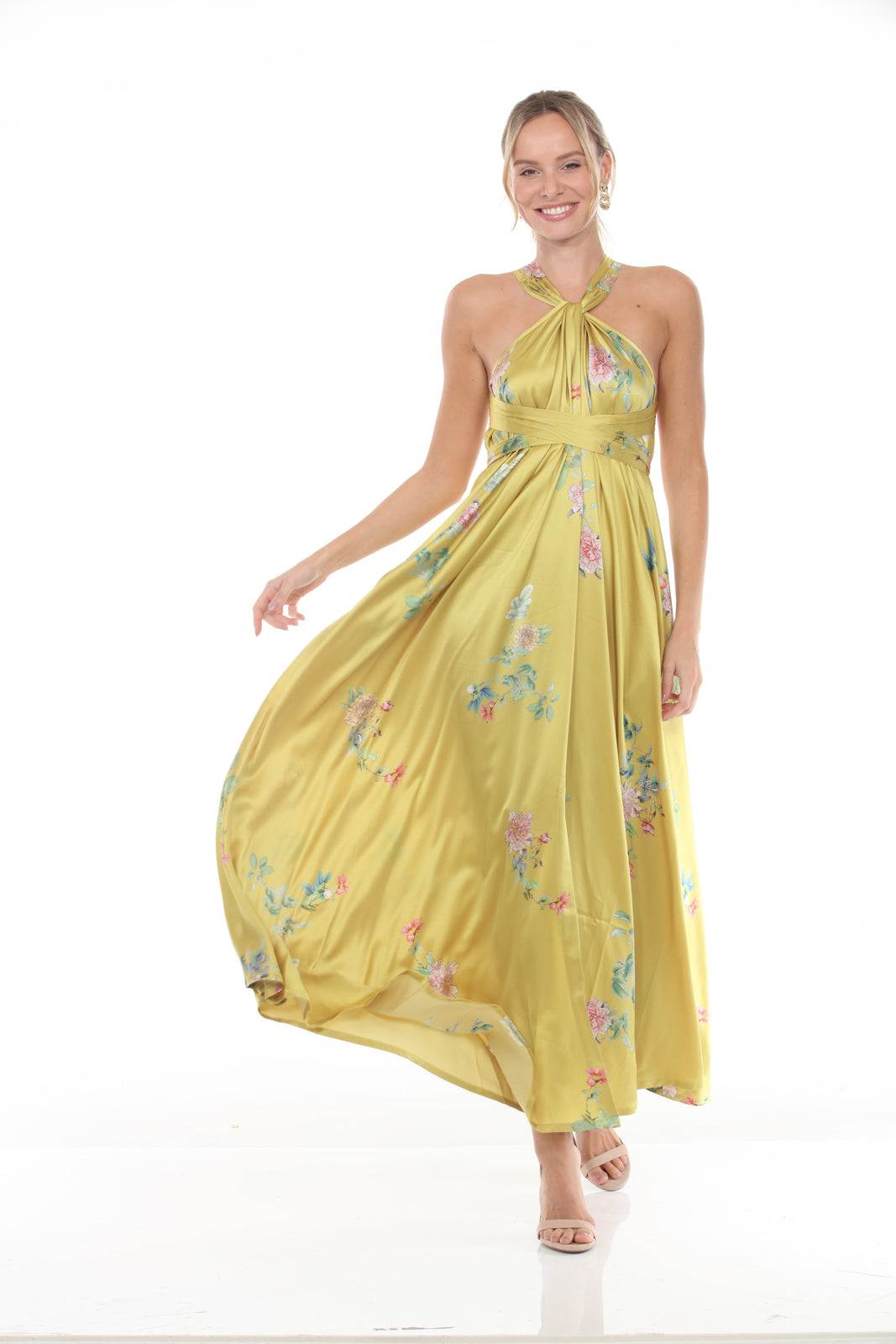 Halter Dress With Belt-peony Print | Mustard