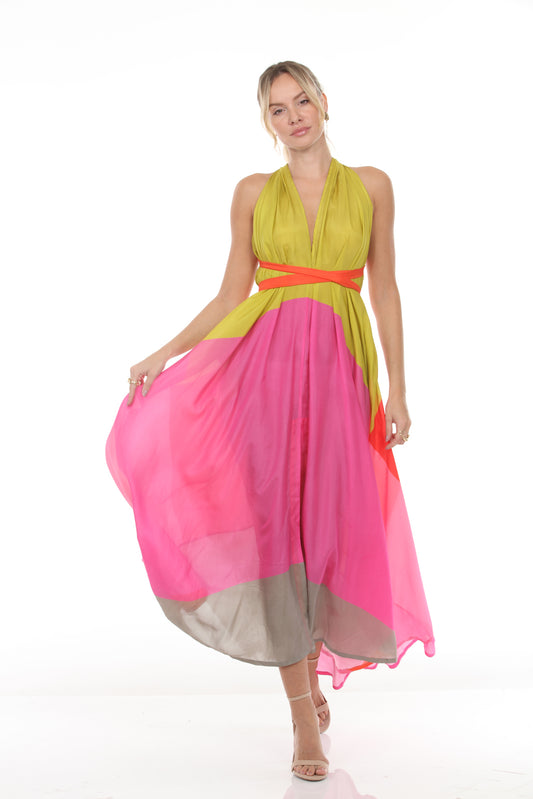Halter Dress With Belt | Pink/Orange/Red/Yellow - front belt