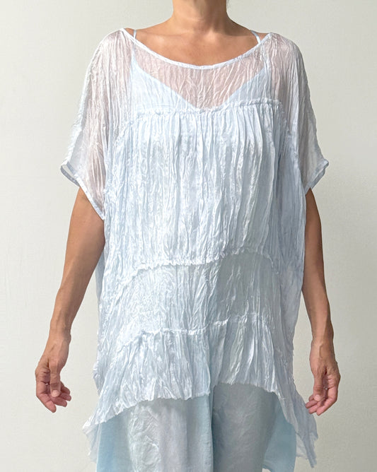Three Tier Ruffle Shirt-Light Weight Whisper Silk | French Blue