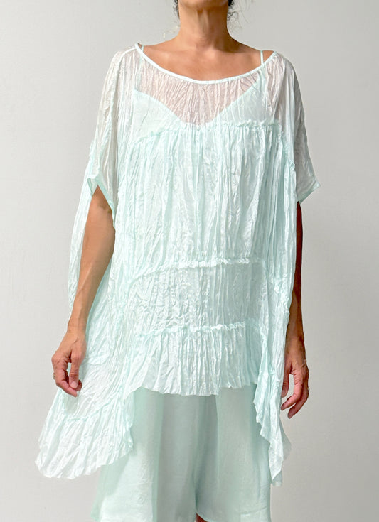 Three Tier Ruffle Shirt-Light Weight Whisper Silk | Turquoise