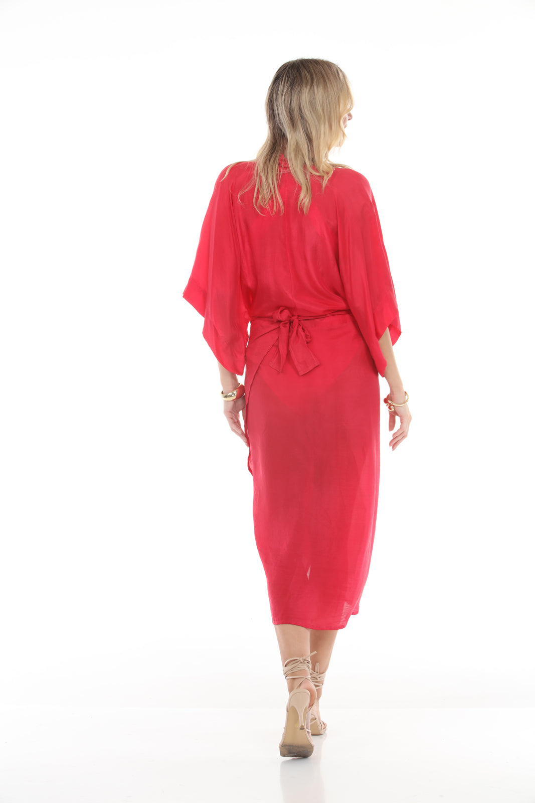 Kimono Sleeve Scarf Tie Dress | Pink - back
