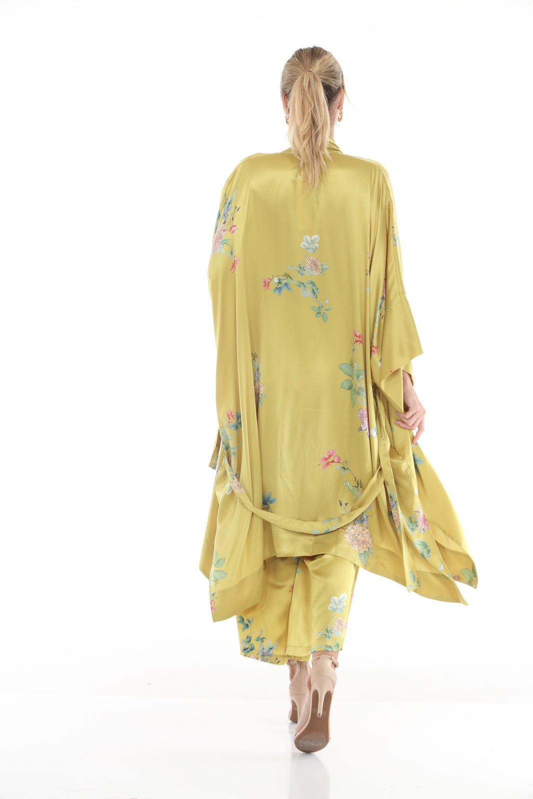 Kimono With Wide Front Facing - Peony Print | Mustard - back
