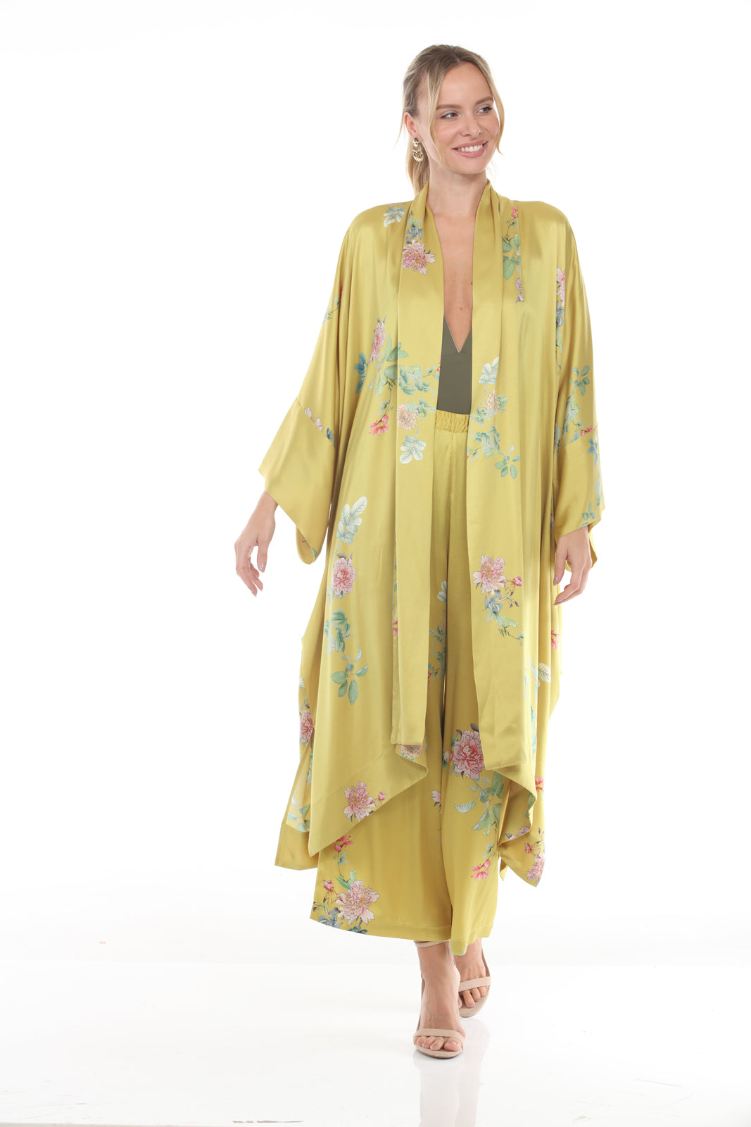 Kimono With Wide Front Facing - Peony Print | Mustard - front