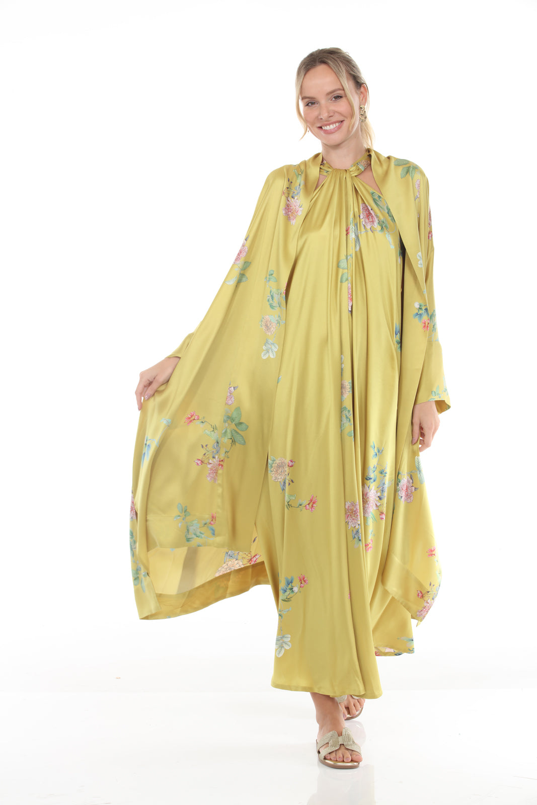 Kimono With Wide Front Facing - Peony Print | Mustard - front alt