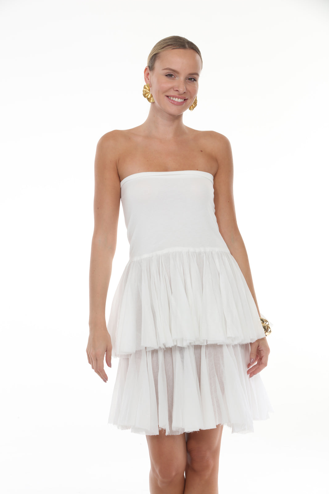 Mini Ruffle Dress | White - front closeup