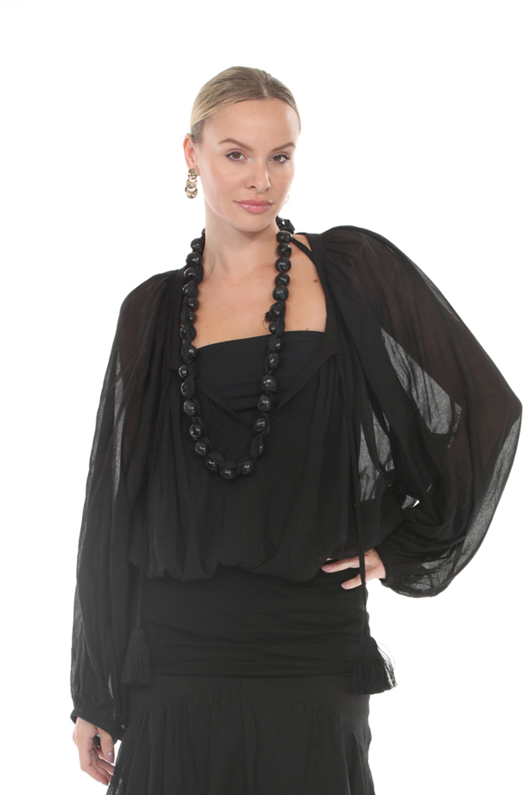 Peasant Top In Cotton | Black - closeup