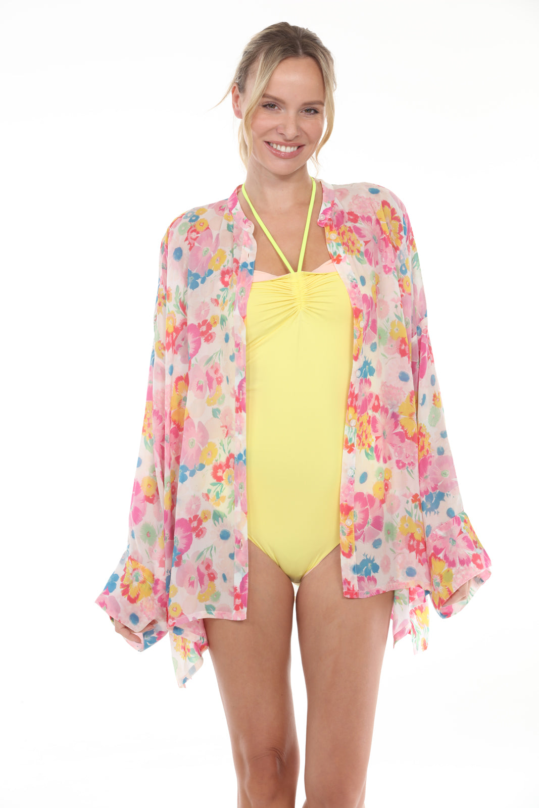 Reversible Front Shirring Swimsuit | Punch/Banana with kimono