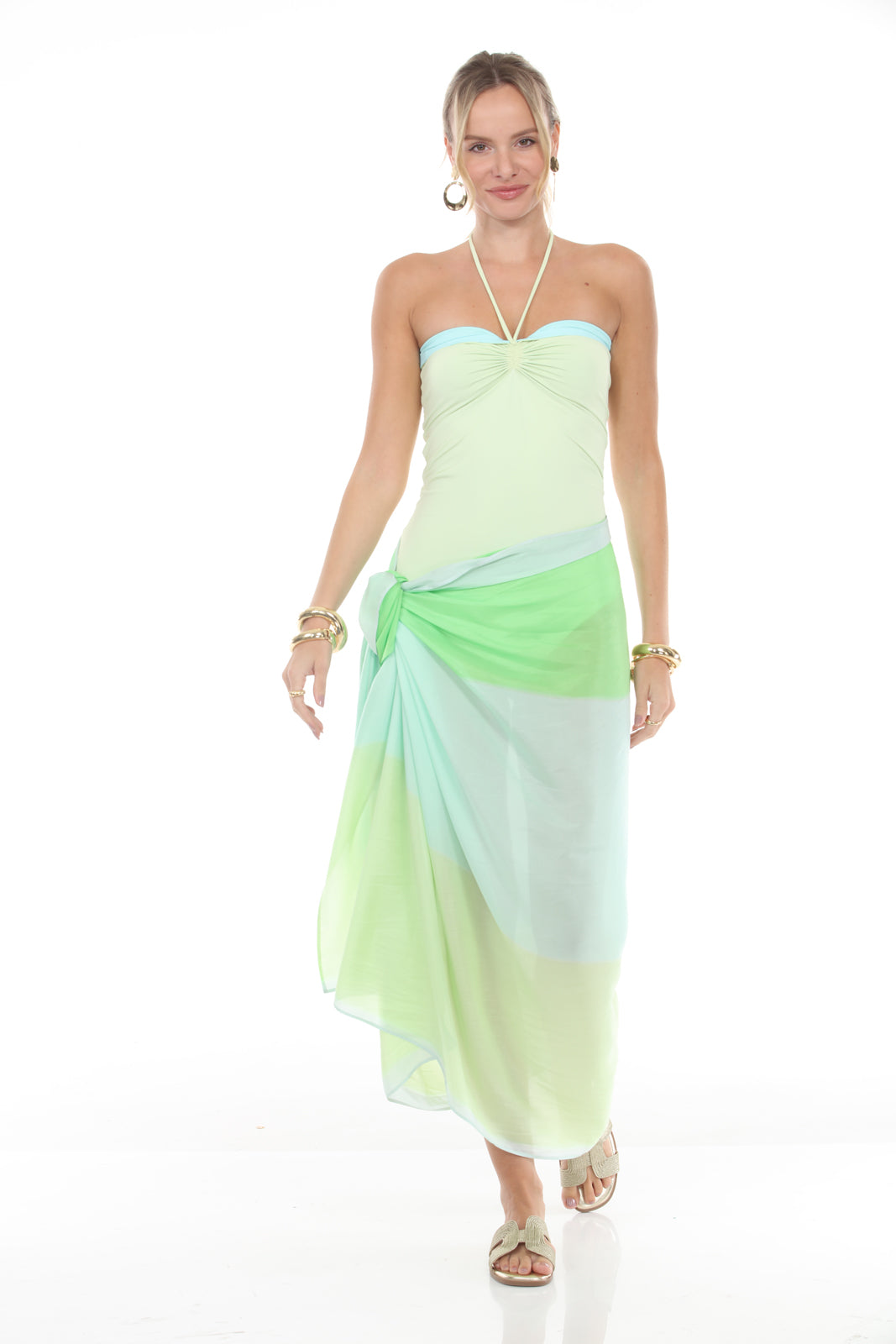 Reversible Front Shirring Swimsuit | Yellow/Blue with pareo