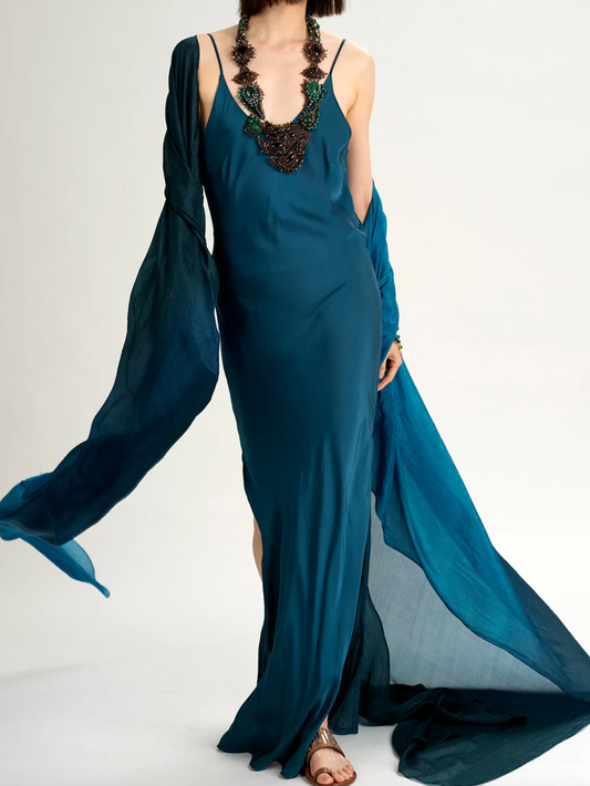 Narrow V Neck Bias Dress | Aqua