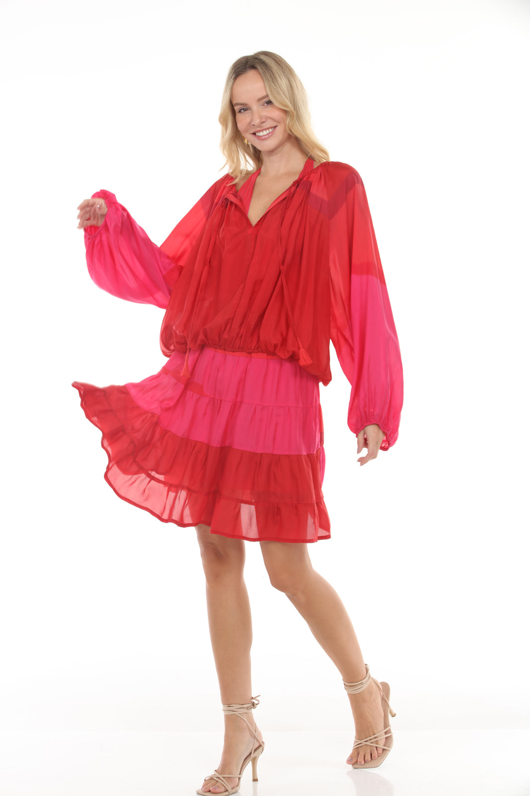 Shirred 5 Tier Skirt | Red/Pink