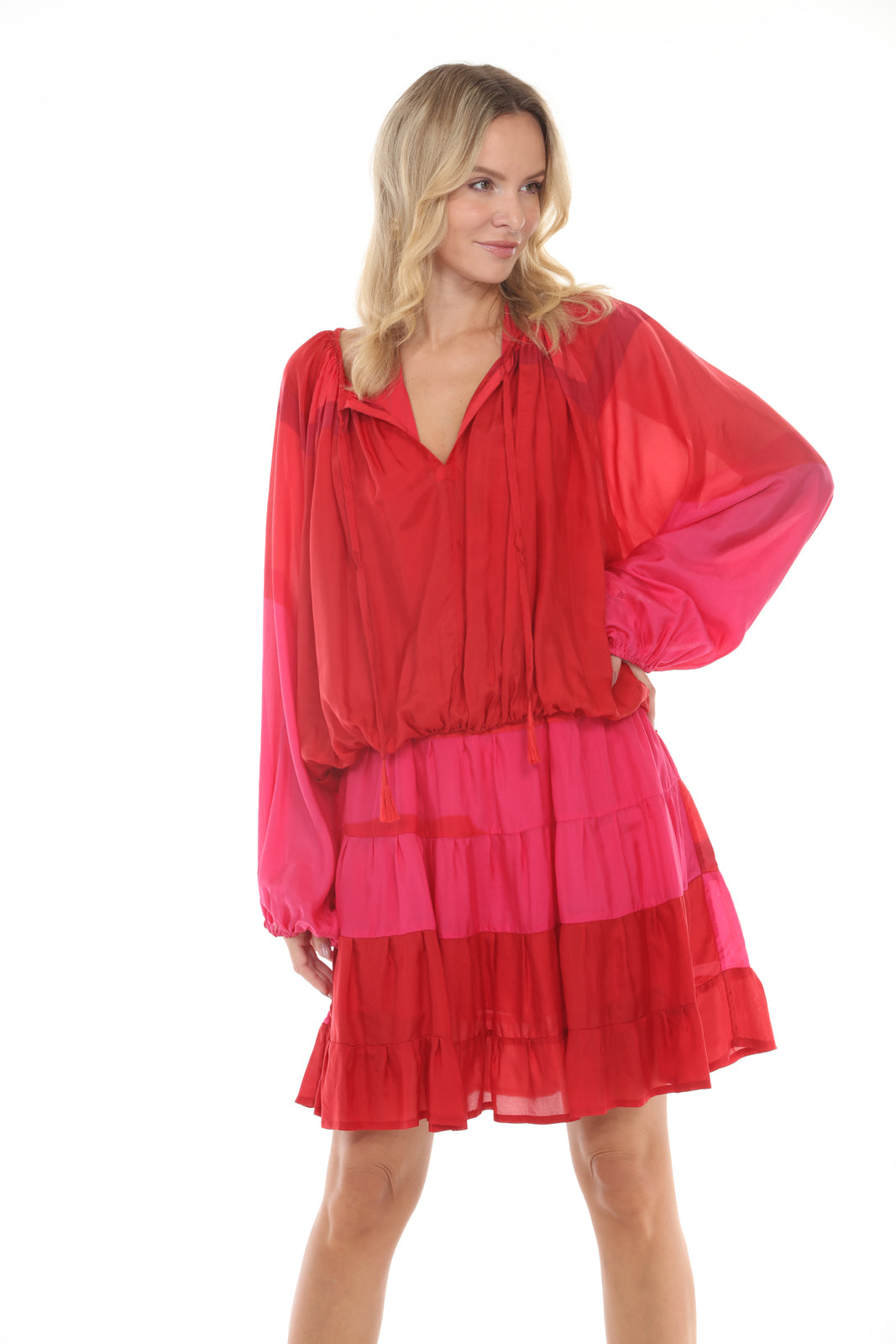 Shirred 5 Tier Skirt | Red/Pink - closeup