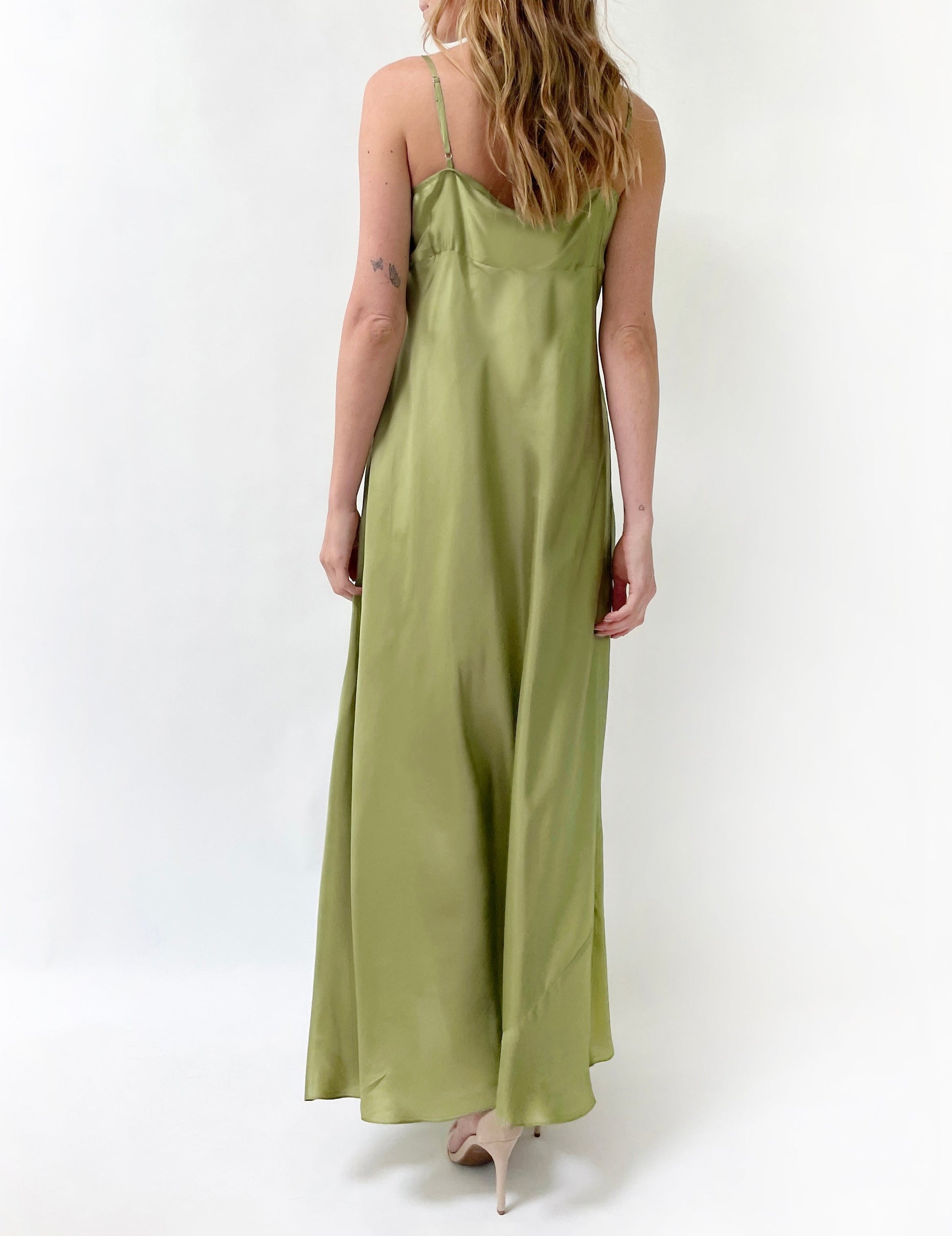 Silk Twill Maxi Dress | Moss Green - Back