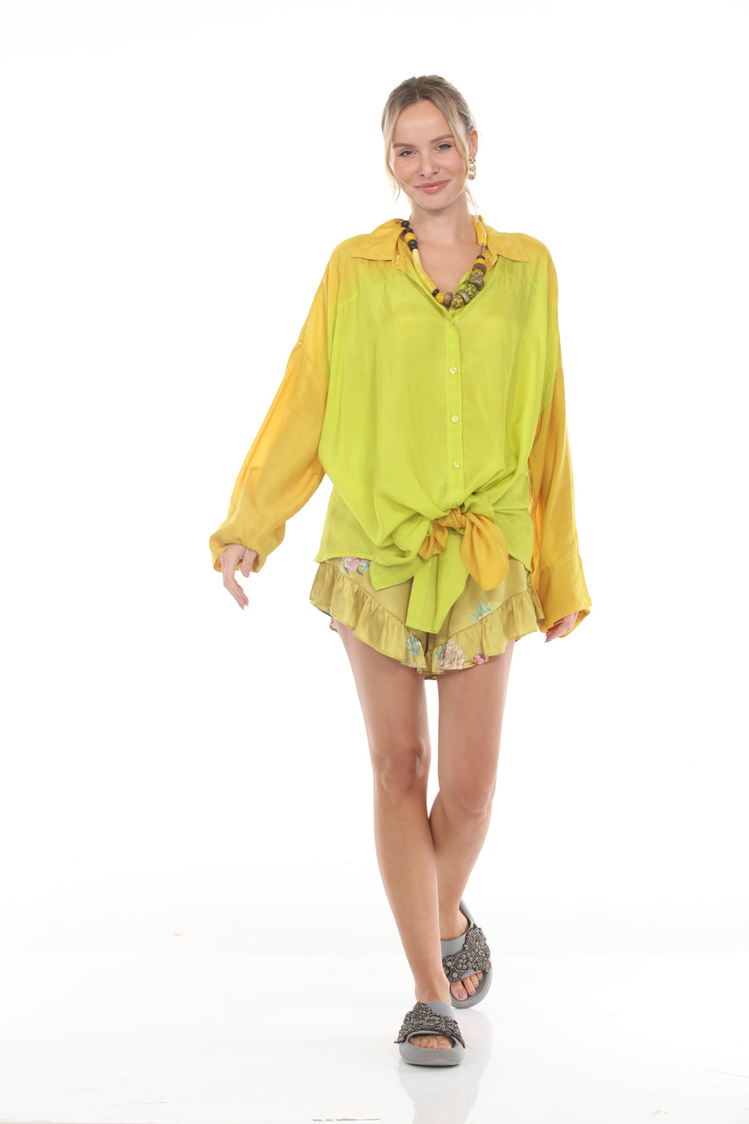 Stephanie Buttoned Top | Printed Yellow/Chartreuse