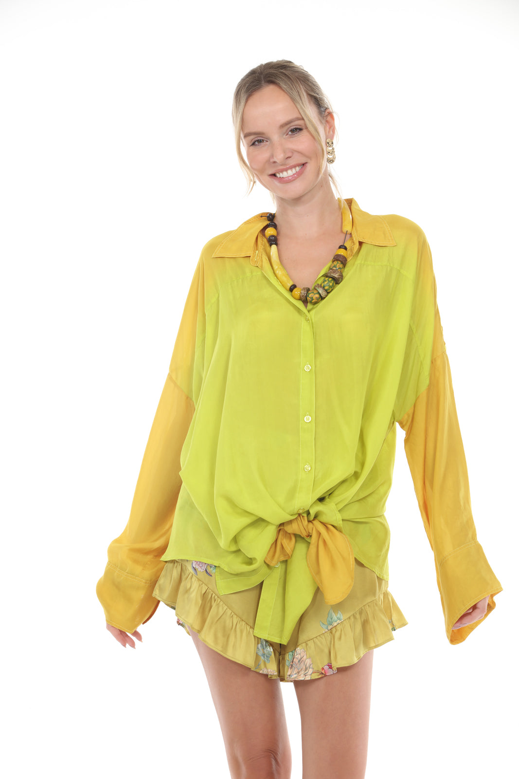 Stephanie Buttoned Top | Printed Yellow/Chartreuse close