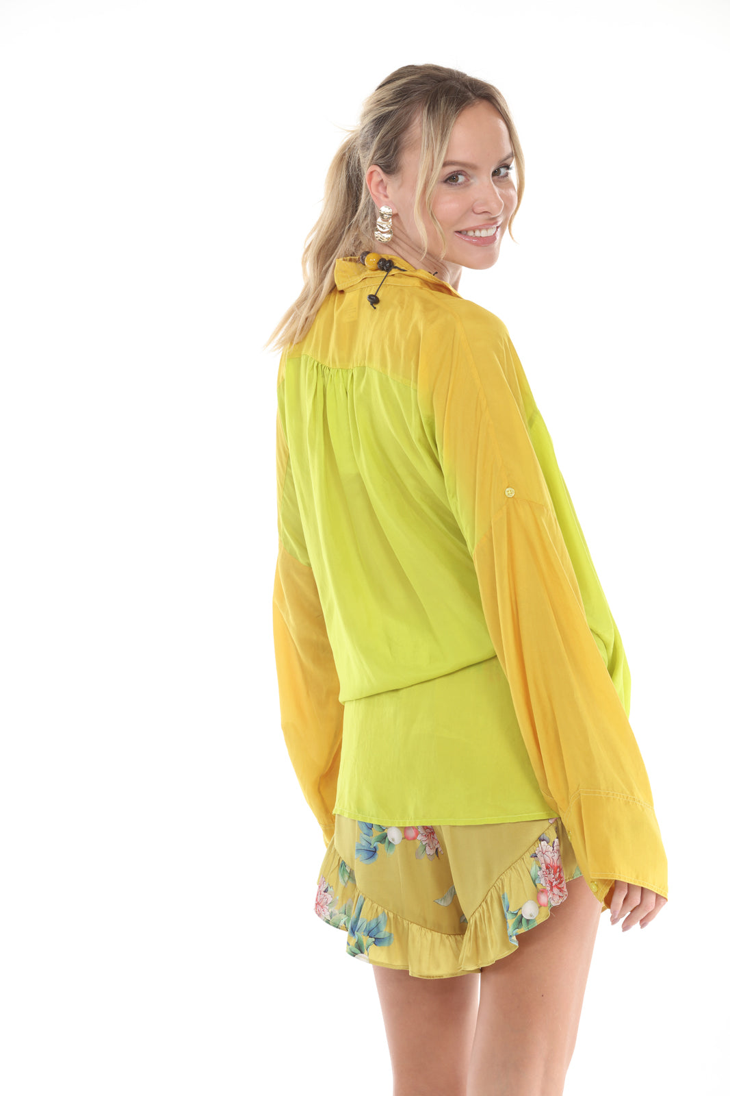 Stephanie Buttoned Top | Printed Yellow/Chartreuse close back