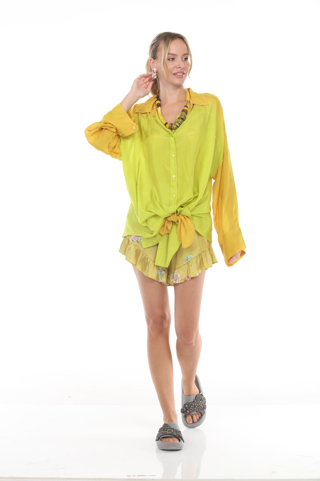 Stephanie Buttoned Top | Printed Yellow/Chartreuse front alt