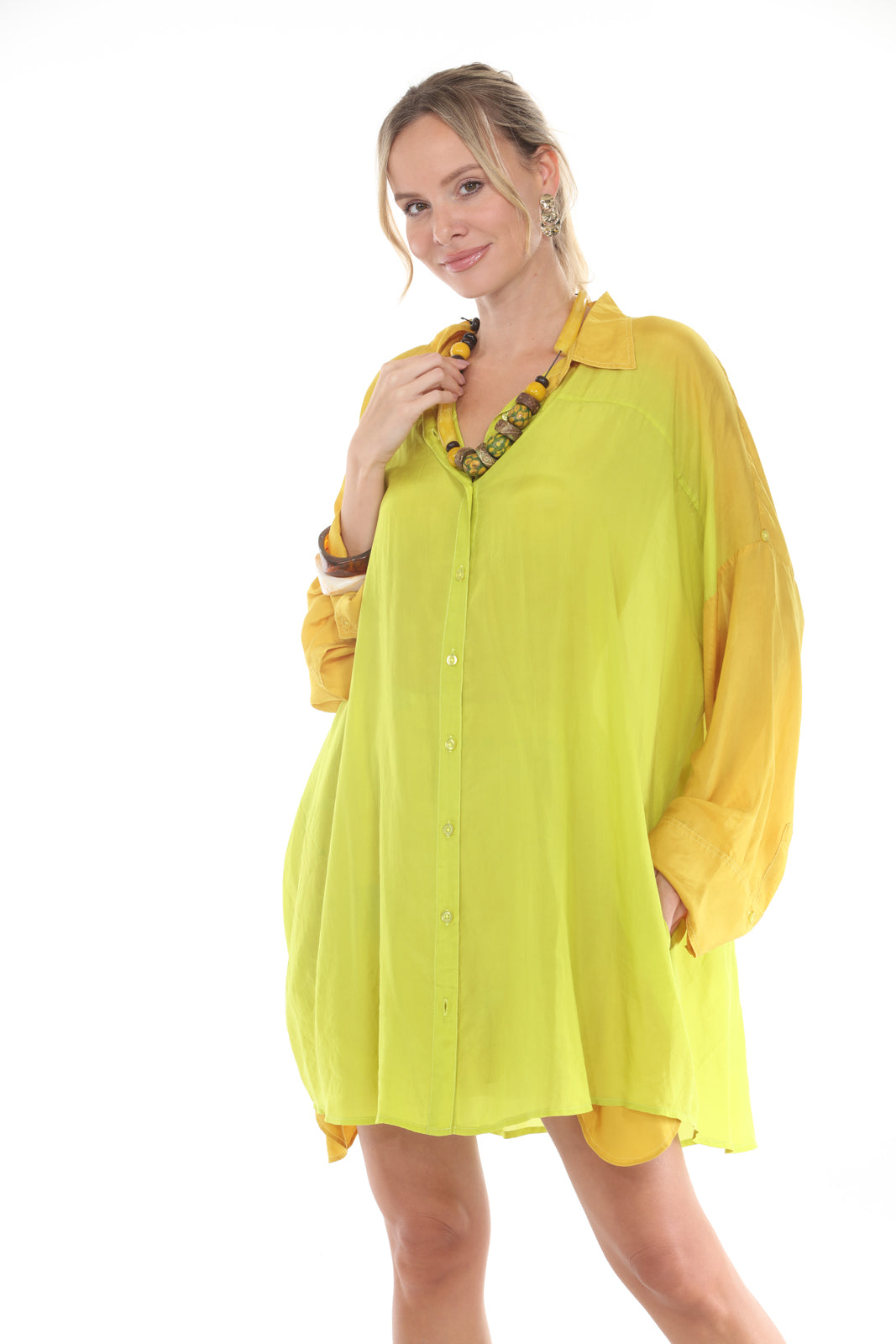 Stephanie Buttoned Top | Printed Yellow/Chartreuse front alt1 close
