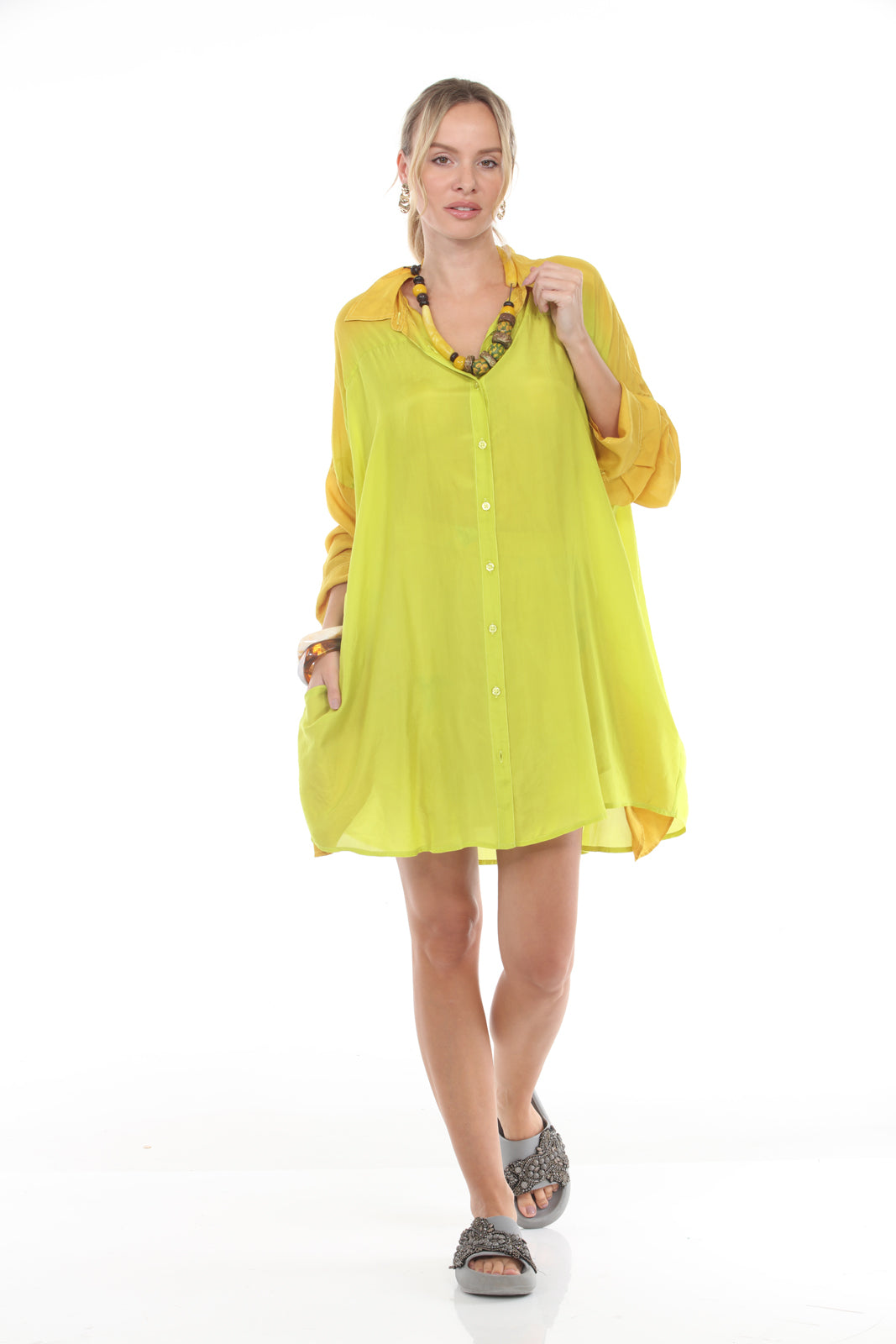 Stephanie Buttoned Top | Printed Yellow/Chartreuse front no belt