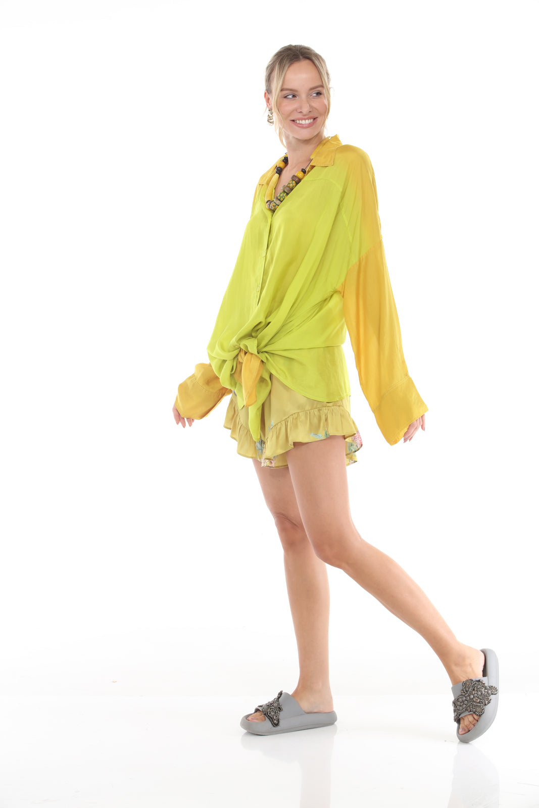 Stephanie Buttoned Top | Printed Yellow/Chartreuse side alt