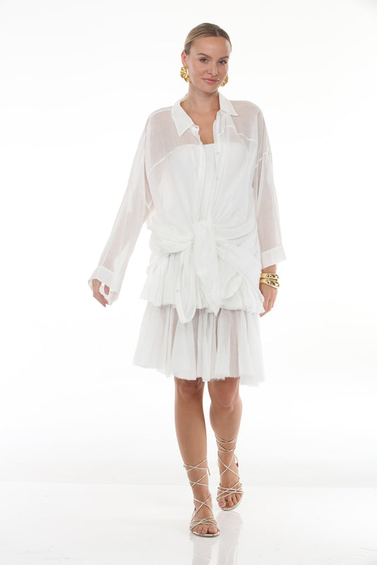 Stephanie Buttoned Top in Cotton | White - front with skirt